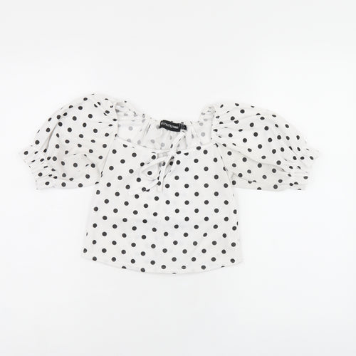 PRETTYLITTLETHING Womens White Polka Dot Polyester Cropped T-Shirt Size 6 Square Neck