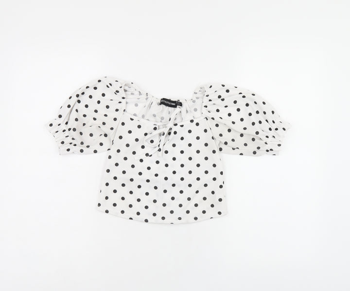 PRETTYLITTLETHING Womens White Polka Dot Polyester Cropped T-Shirt Size 6 Square Neck