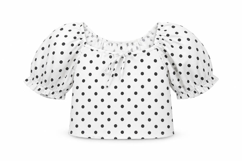 Front view of PRETTYLITTLETHING women’s white polka dot polyester cropped t-shirt, size UK 6, square neck