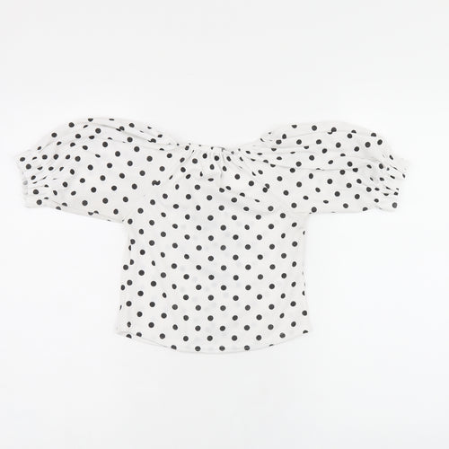 PRETTYLITTLETHING Womens White Polka Dot Polyester Cropped T-Shirt Size 6 Square Neck