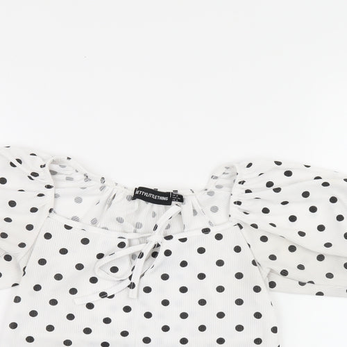 PRETTYLITTLETHING Womens White Polka Dot Polyester Cropped T-Shirt Size 6 Square Neck