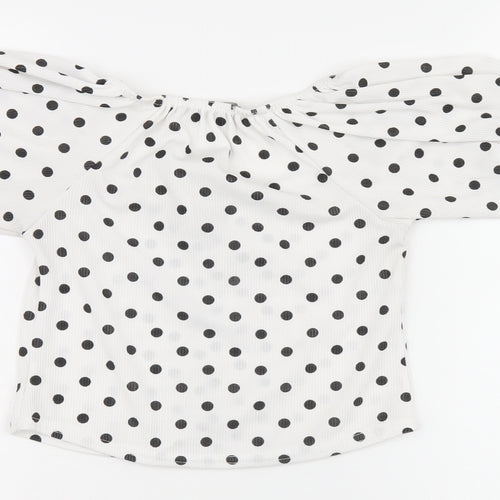 PRETTYLITTLETHING Womens White Polka Dot Polyester Cropped T-Shirt Size 6 Square Neck