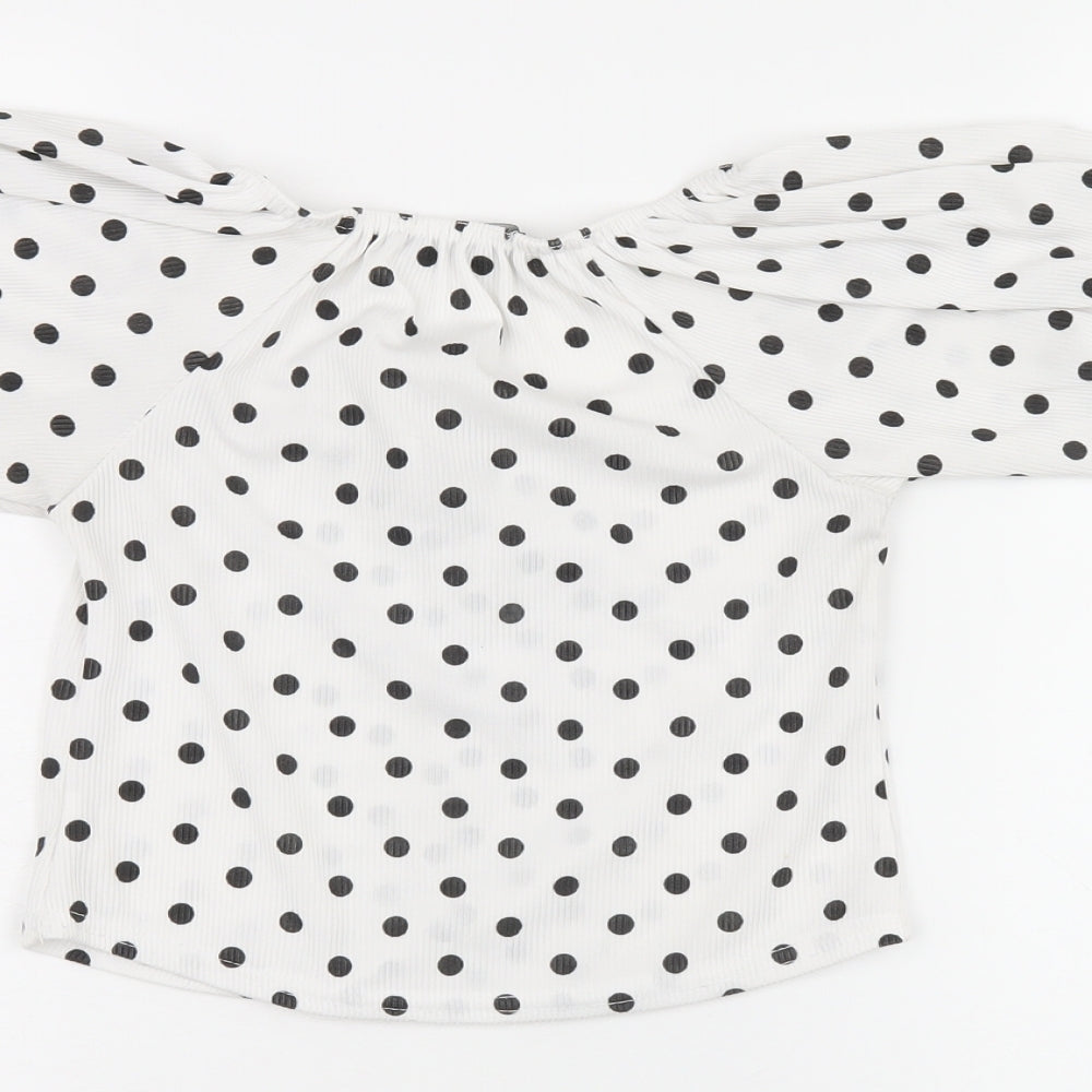 PRETTYLITTLETHING Womens White Polka Dot Polyester Cropped T-Shirt Size 6 Square Neck