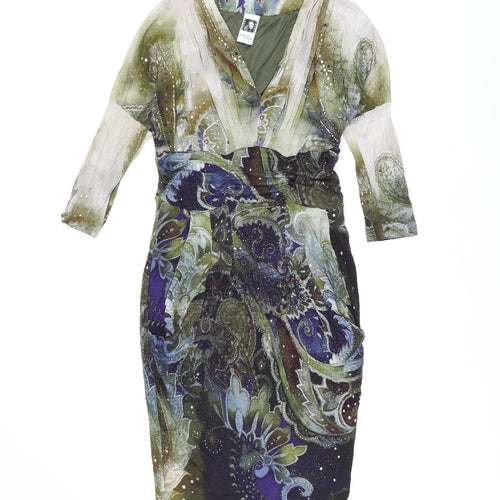 Mariella Rosati Womens Green Geometric Viscose Bodycon Size 16 V-Neck Zip