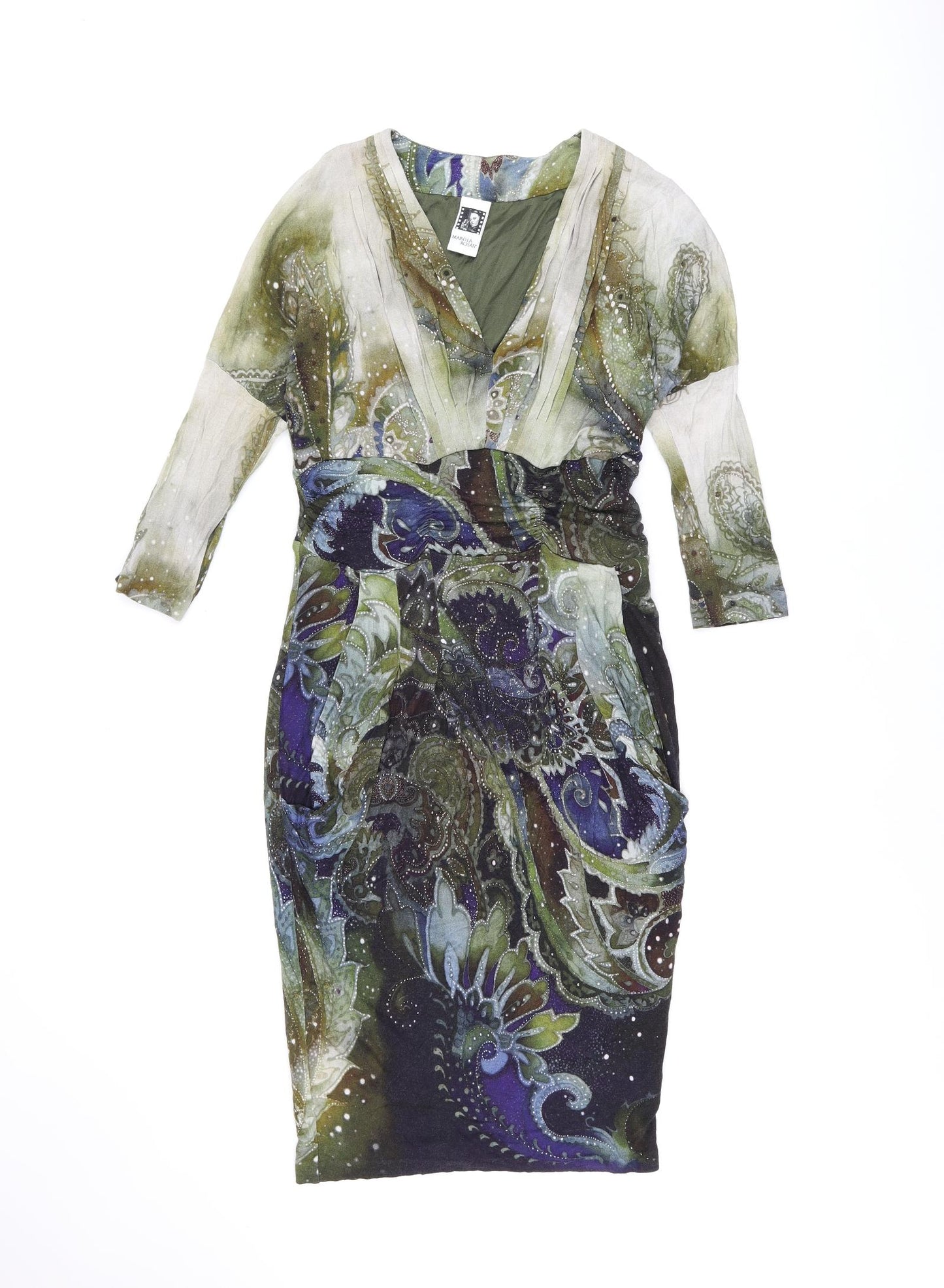 Mariella Rosati Womens Green Geometric Viscose Bodycon Size 16 V-Neck Zip