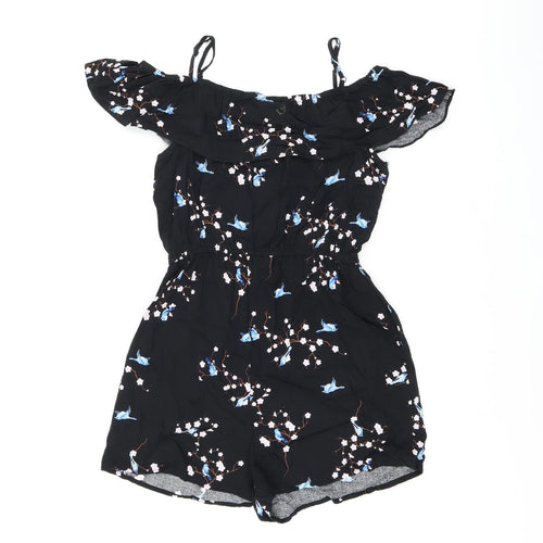 New Look Girls Black Floral Viscose Playsuit One-Piece Size 13 Years Pullover