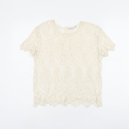 Zara Womens Beige Floral Polyester Jersey T-Shirt Size M Round Neck
