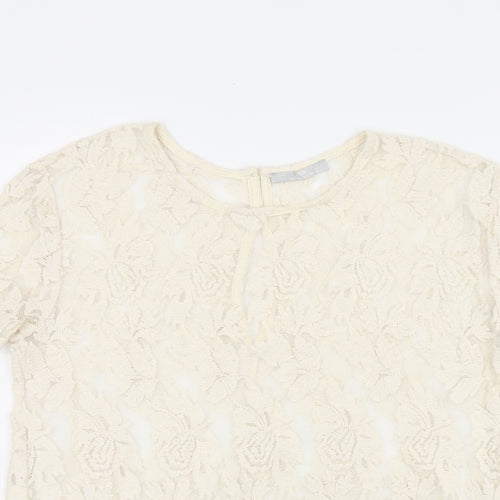 Zara Womens Beige Floral Polyester Jersey T-Shirt Size M Round Neck