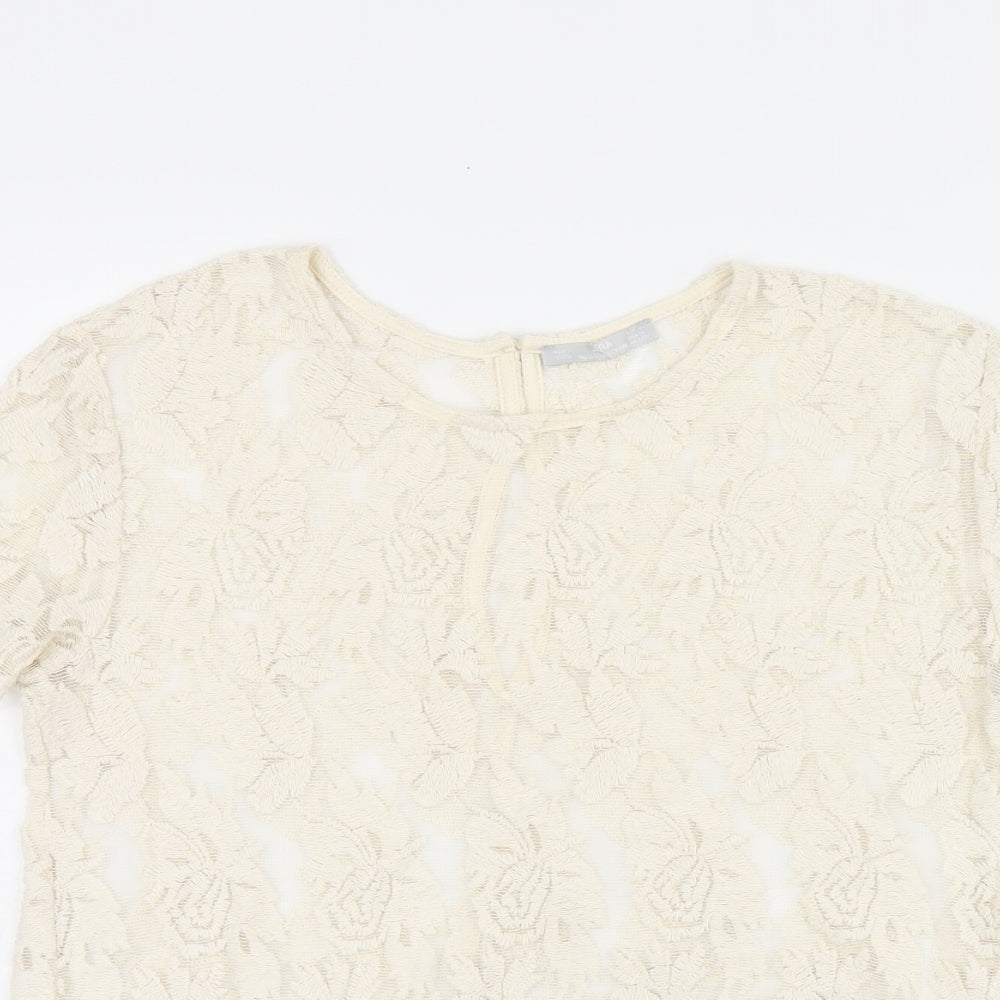 Zara Womens Beige Floral Polyester Jersey T-Shirt Size M Round Neck