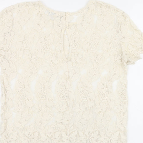 Zara Womens Beige Floral Polyester Jersey T-Shirt Size M Round Neck
