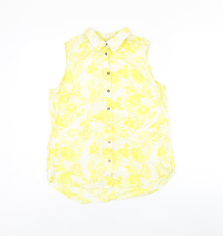 H&M Womens White Floral Polyester Jersey Button-Up Size 6 Collared