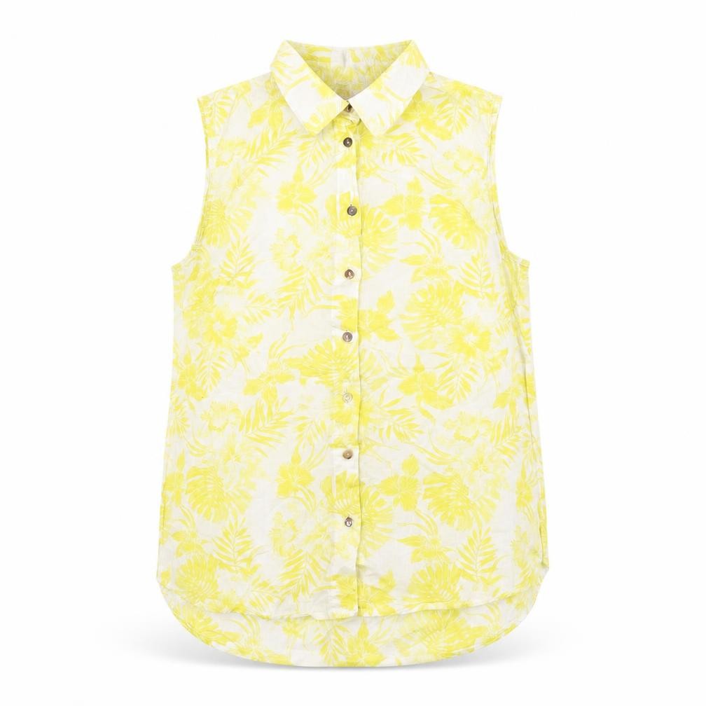 Front view of H&M women’s white floral polyester jersey button-up, size UK 6, collared