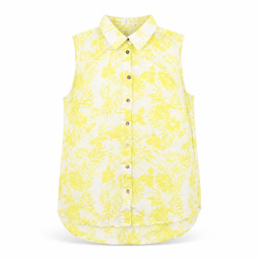 Front view of H&M women’s white floral polyester jersey button-up, size UK 6, collared
