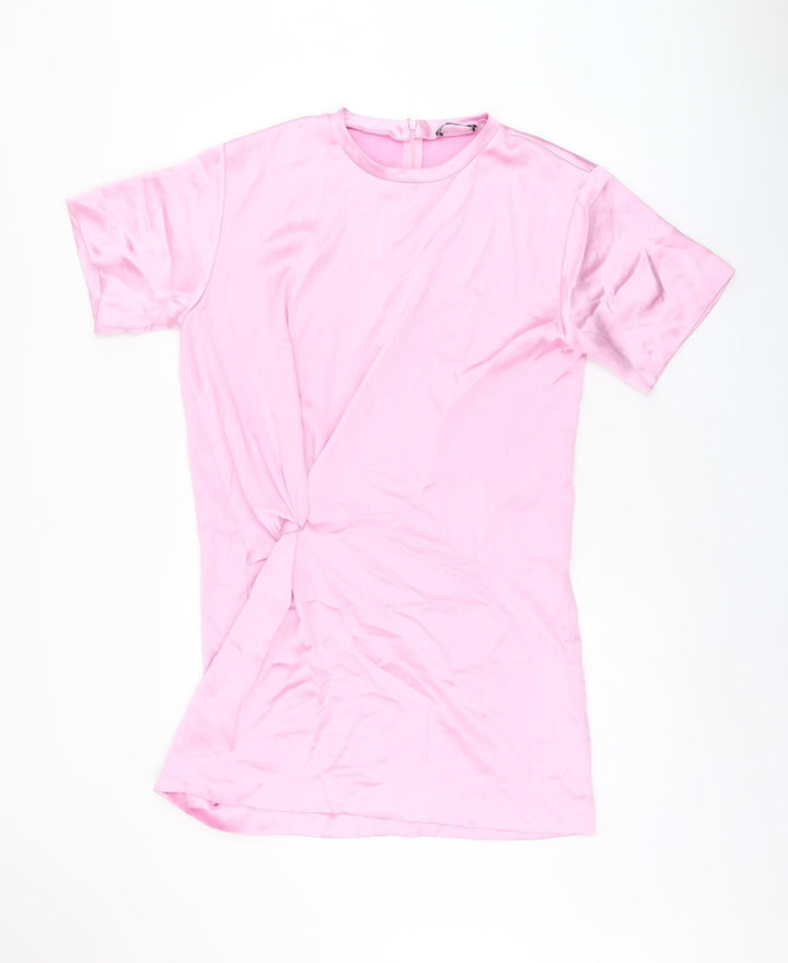 Zara Womens Pink Polyester Shift Size L Round Neck Zip