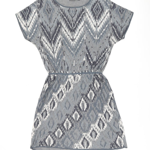 Peruvian Connection Womens Blue Geometric Cotton Shift Size M Boat Neck Pullover