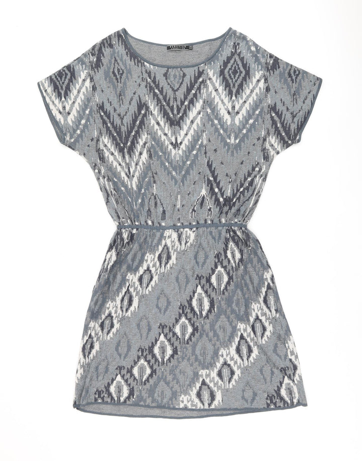 Peruvian Connection Womens Blue Geometric Cotton Shift Size M Boat Neck Pullover