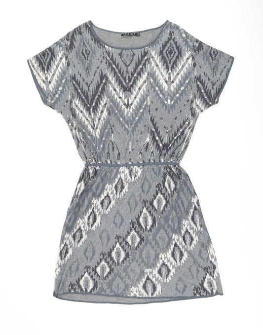 Peruvian Connection Womens Blue Geometric Cotton Shift Size M Boat Neck Pullover