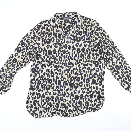 Sosandar Womens Beige Animal Print Viscose Basic Button-Up Size 12 Collared - Leopard print
