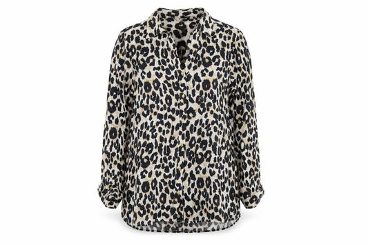 Front view of Sonsandar women’s beige animal print viscose basic button-up, size UK 12, collared - leopard print