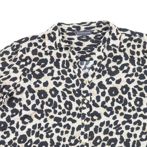 Sosandar Womens Beige Animal Print Viscose Basic Button-Up Size 12 Collared - Leopard print