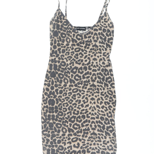 PRETTYLITTLETHING Womens Brown Animal Print Polyester Bodycon Size 8 V-Neck Pullover