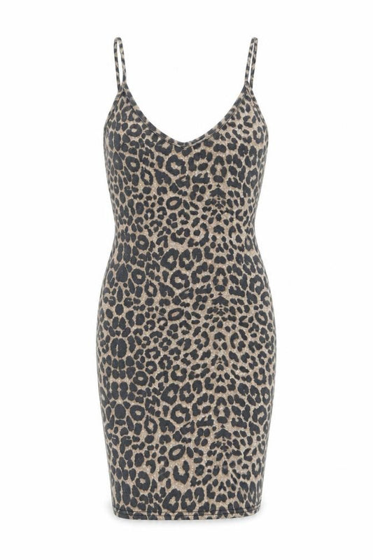 Front view of PRETTYLITTLETHING women’s brown animal print polyester bodycon, size UK 8, v-neck pullover