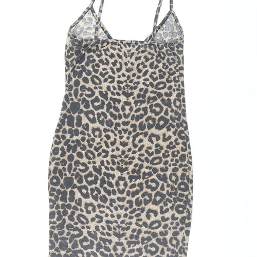 PRETTYLITTLETHING Womens Brown Animal Print Polyester Bodycon Size 8 V-Neck Pullover