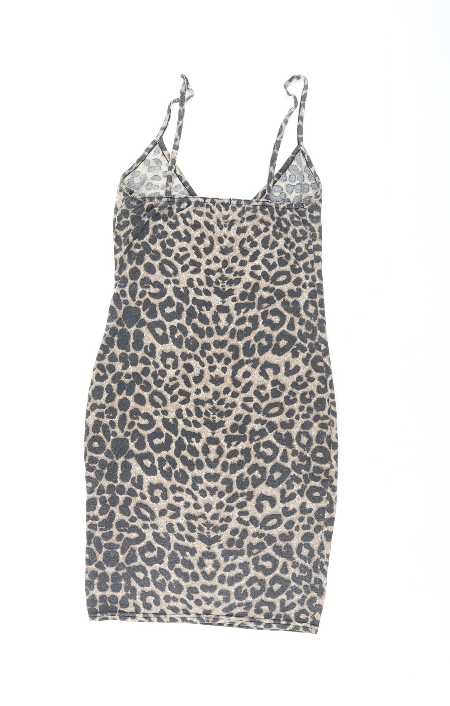 PRETTYLITTLETHING Womens Brown Animal Print Polyester Bodycon Size 8 V-Neck Pullover