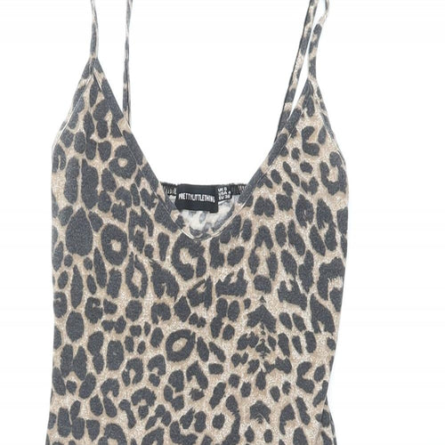 PRETTYLITTLETHING Womens Brown Animal Print Polyester Bodycon Size 8 V-Neck Pullover