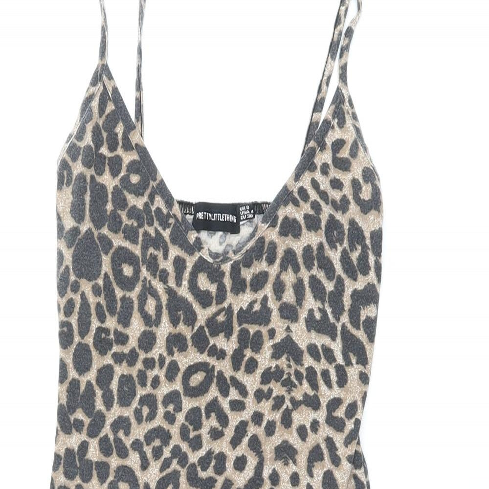 PRETTYLITTLETHING Womens Brown Animal Print Polyester Bodycon Size 8 V-Neck Pullover