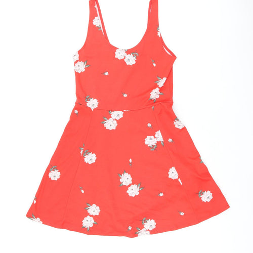 H&M Womens Red Floral Polyester Skater Dress Size 12 Scoop Neck Pullover