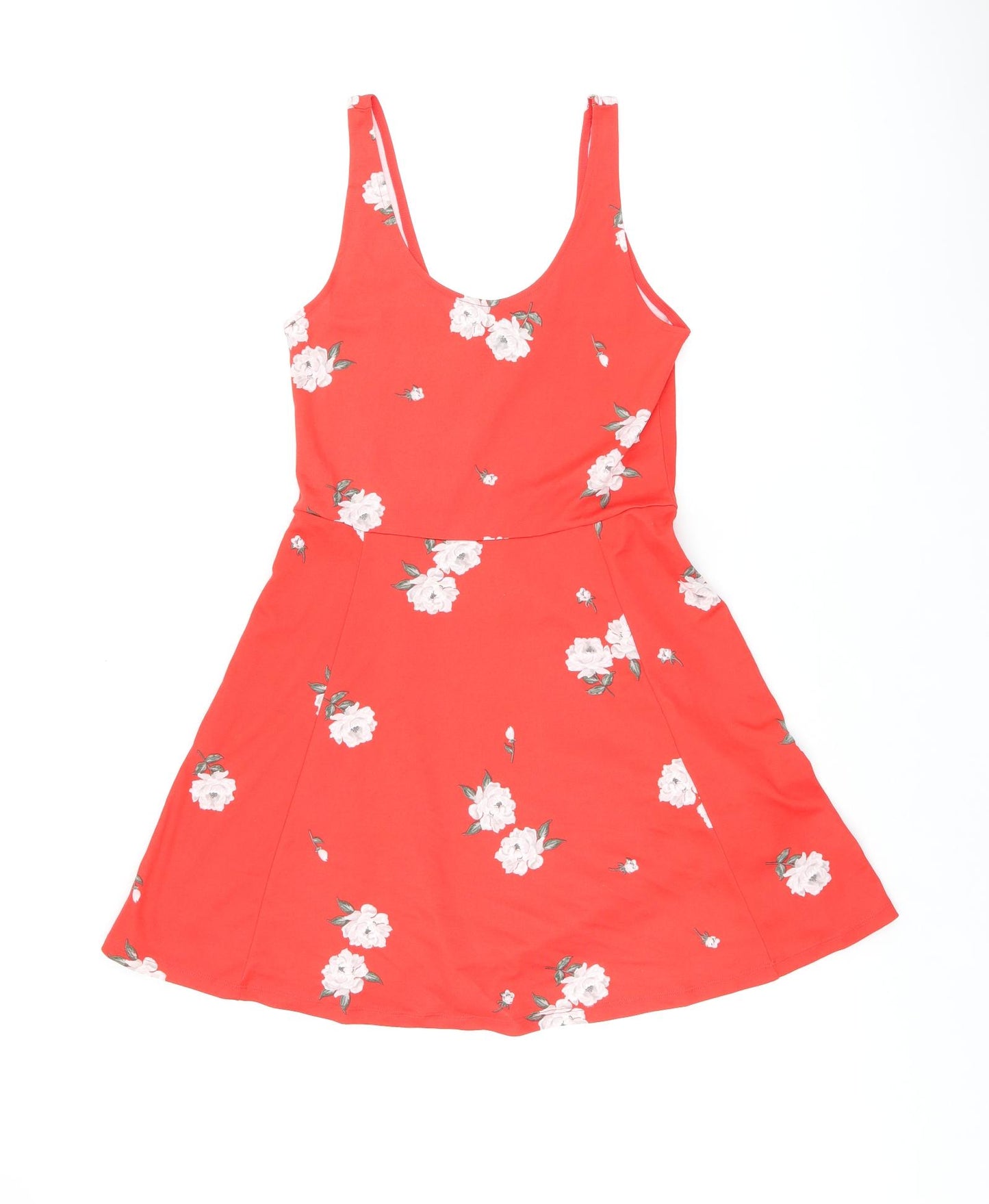 H&M Womens Red Floral Polyester Skater Dress Size 12 Scoop Neck Pullover