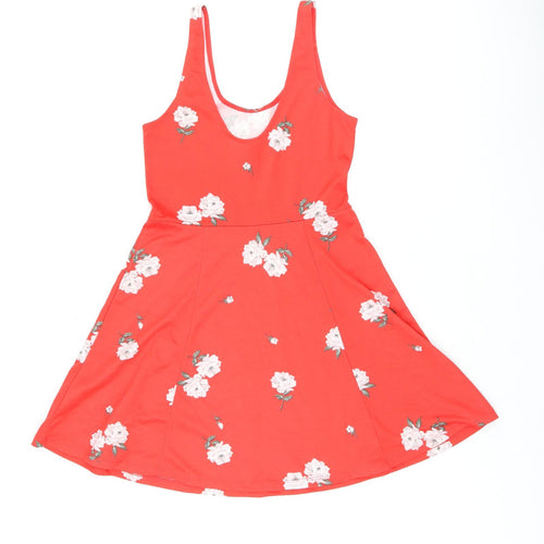 H&M Womens Red Floral Polyester Skater Dress Size 12 Scoop Neck Pullover