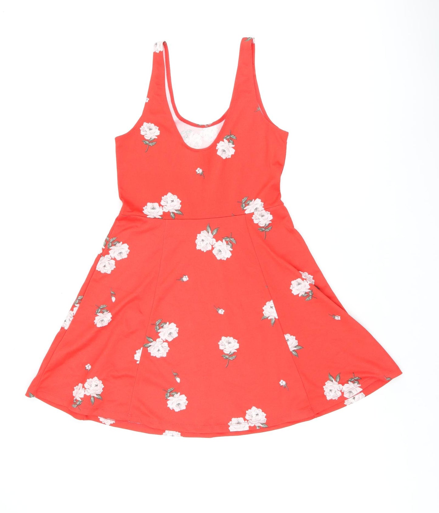H&M Womens Red Floral Polyester Skater Dress Size 12 Scoop Neck Pullover