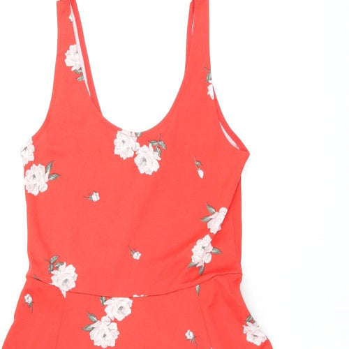 H&M Womens Red Floral Polyester Skater Dress Size 12 Scoop Neck Pullover