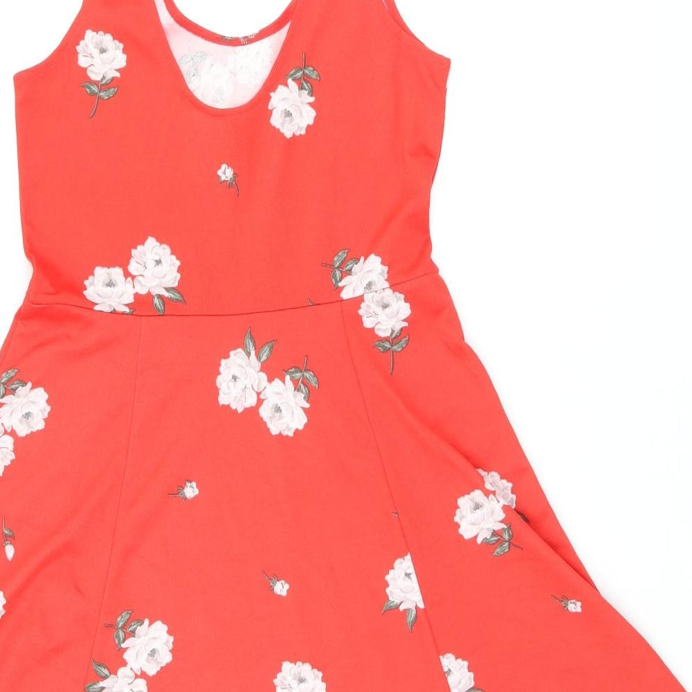 H&M Womens Red Floral Polyester Skater Dress Size 12 Scoop Neck Pullover