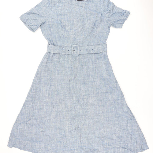 Marks and Spencer Womens Blue Linen A-Line Size 14 Boat Neck Zip