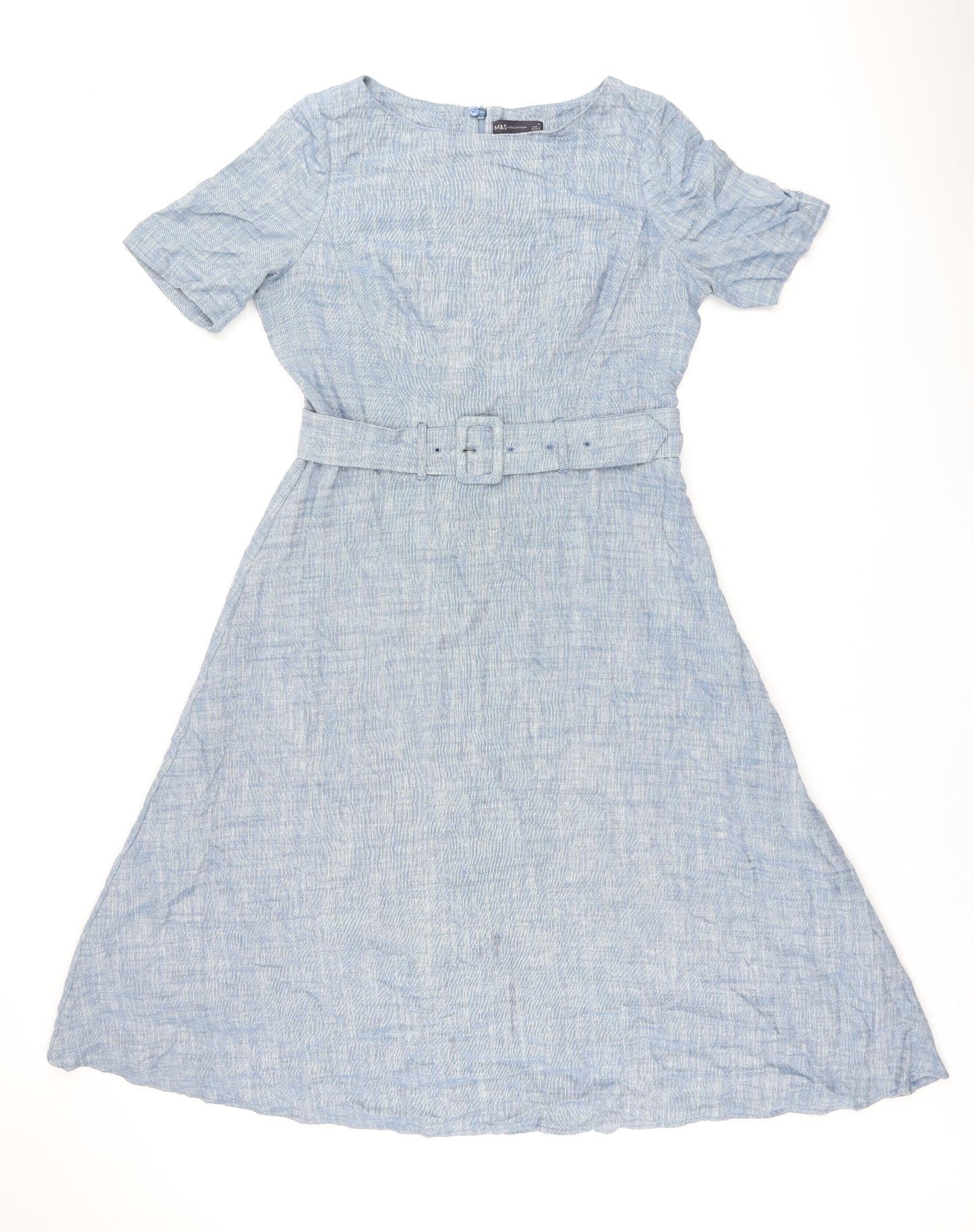 Marks and Spencer Womens Blue Linen A-Line Size 14 Boat Neck Zip