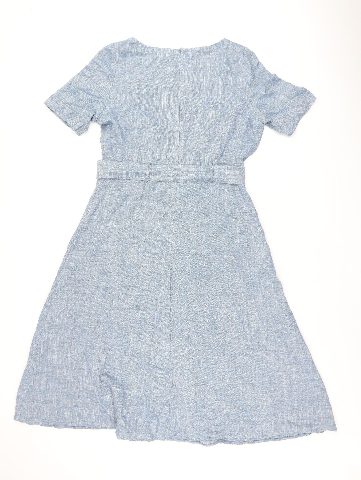 Marks and Spencer Womens Blue Linen A-Line Size 14 Boat Neck Zip