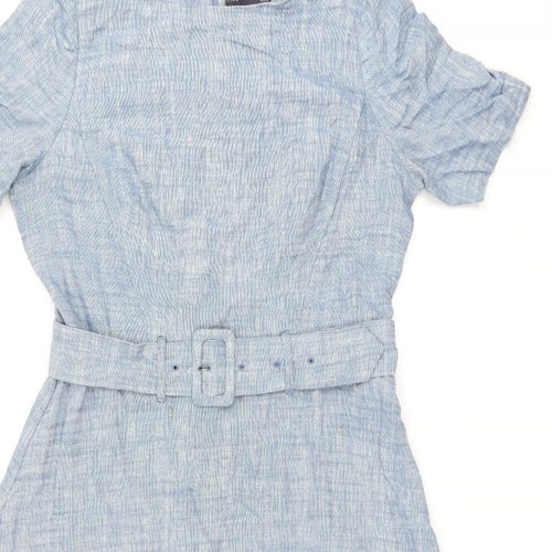 Marks and Spencer Womens Blue Linen A-Line Size 14 Boat Neck Zip