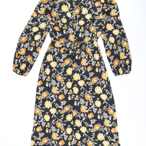 River Island Womens Black Floral Polyester A-Line Size 10 V-Neck Button