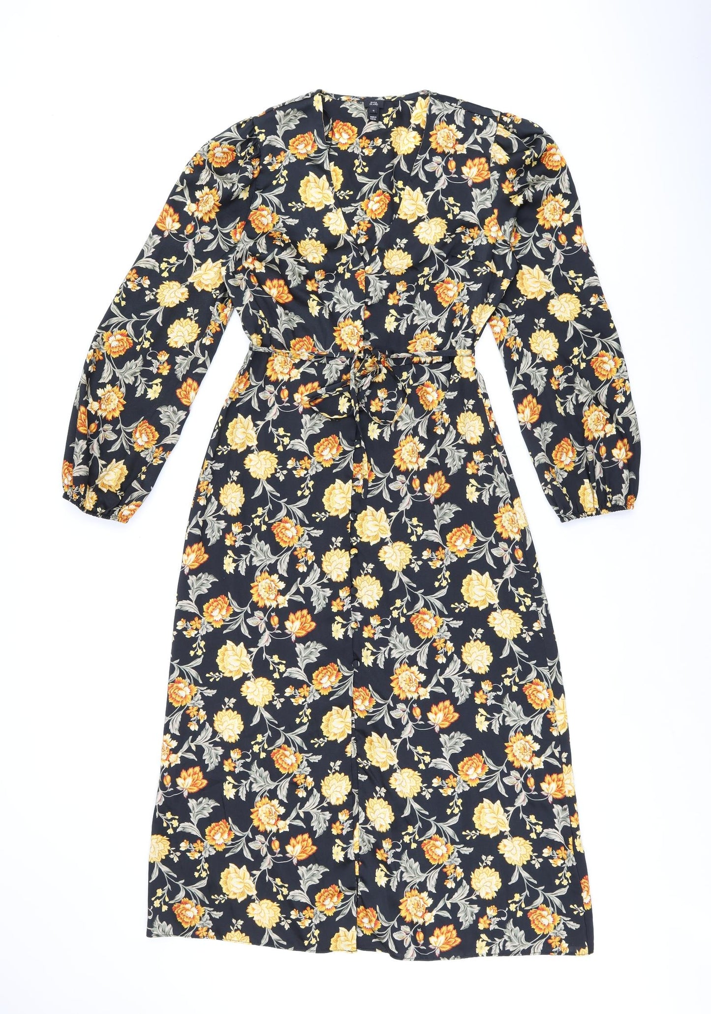 River Island Womens Black Floral Polyester A-Line Size 10 V-Neck Button