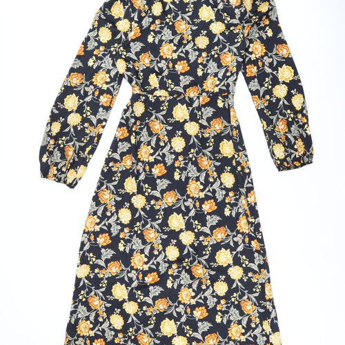 River Island Womens Black Floral Polyester A-Line Size 10 V-Neck Button