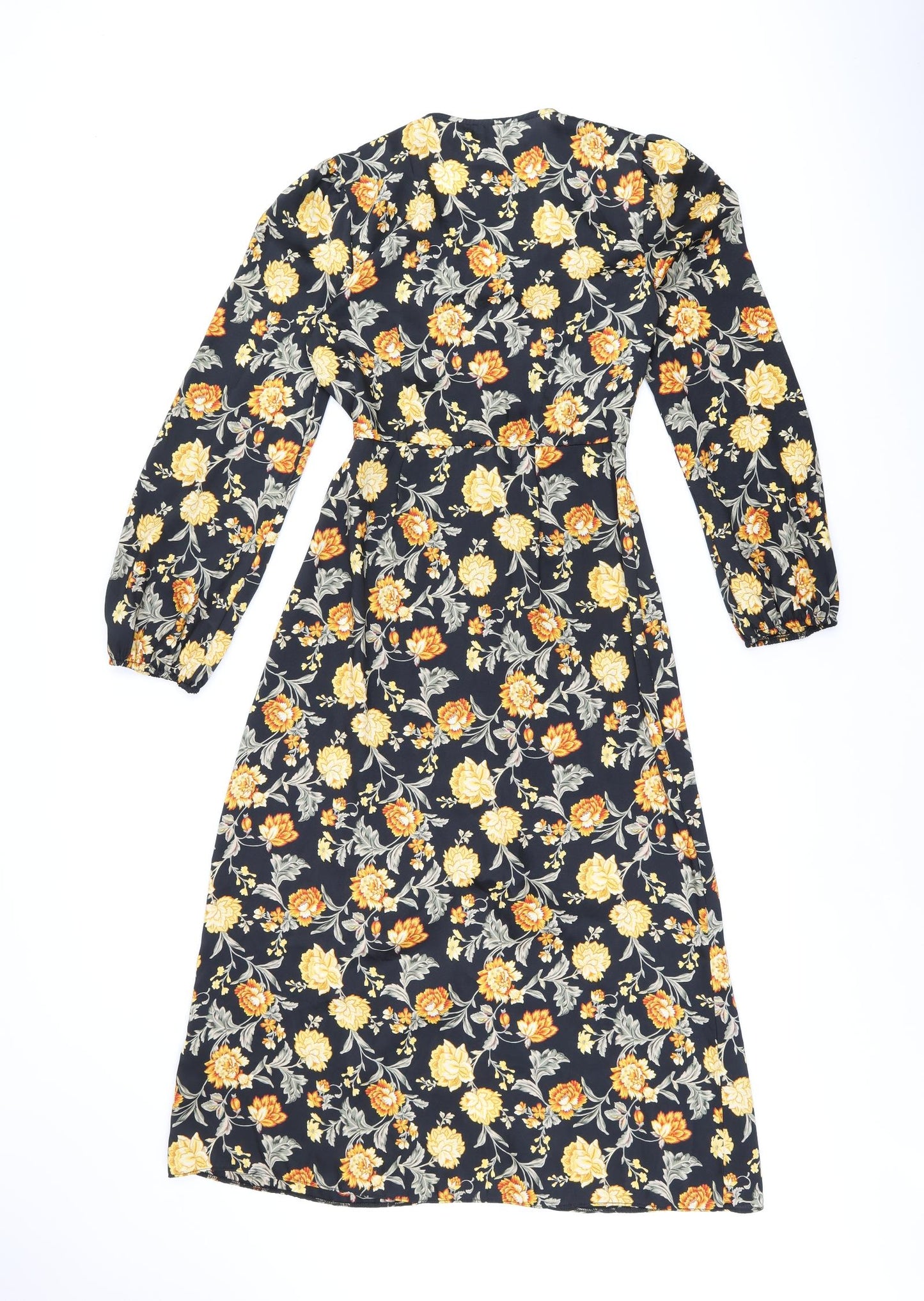 River Island Womens Black Floral Polyester A-Line Size 10 V-Neck Button
