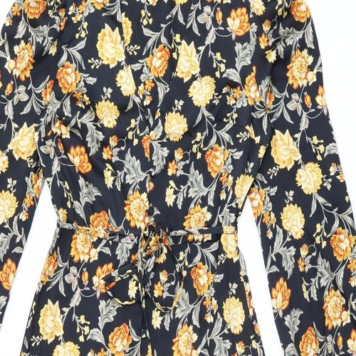 River Island Womens Black Floral Polyester A-Line Size 10 V-Neck Button
