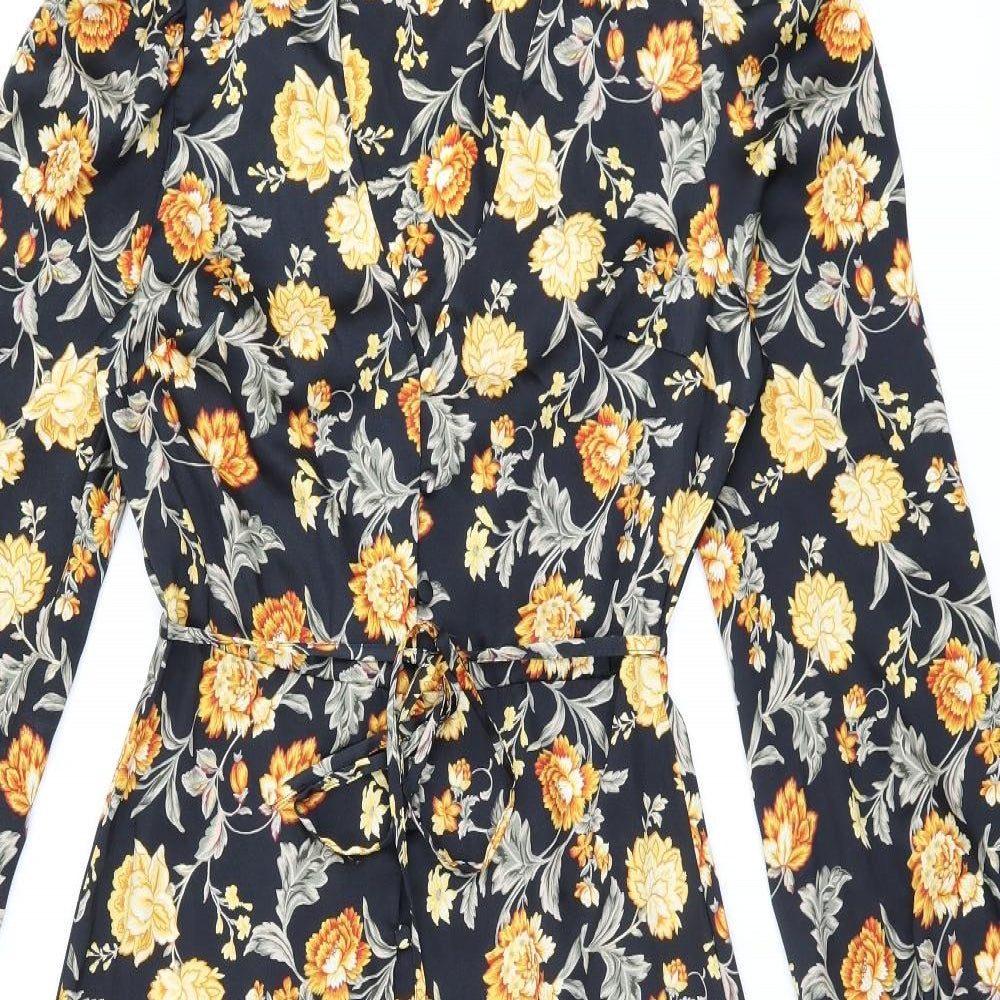 River Island Womens Black Floral Polyester A-Line Size 10 V-Neck Button