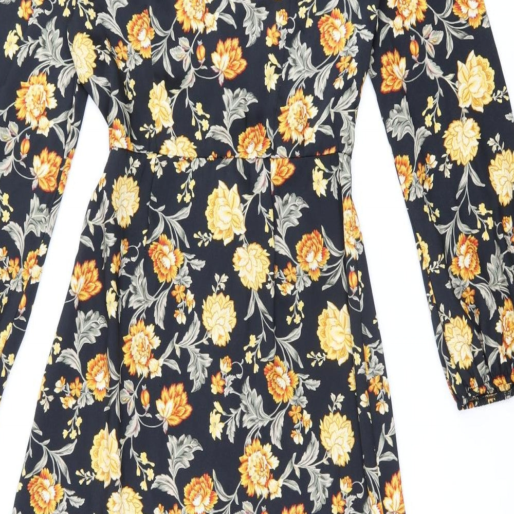 River Island Womens Black Floral Polyester A-Line Size 10 V-Neck Button