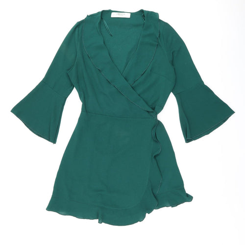 Outrageous Womens Green Polyester Wrap Dress Size 10 V-Neck Tie