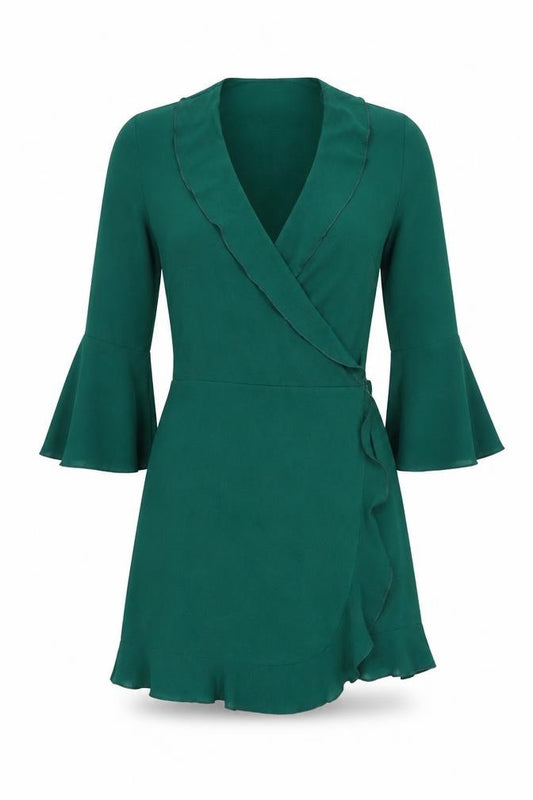 Front view of Outrageous women’s green polyester wrap dress, size UK 10, v-neck tie