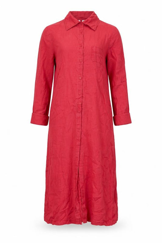 Front view of Mango women’s red polyester shirt dress, size UK 10, collared button